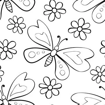 Vector seamless pattern of black outline cute butterflies and flowers in Dood Illustrazione stock