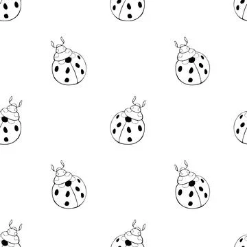Vector seamless pattern of black outline cute ladybugs in Doodle style. Backg Stock Illustration