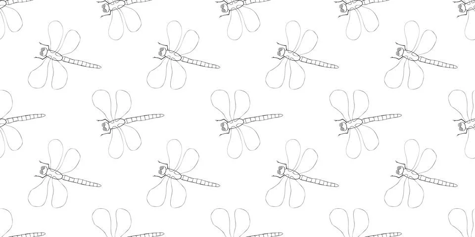 Vector seamless pattern of black outline cute dragonflies in Doodle style. Gl Stockillustratie