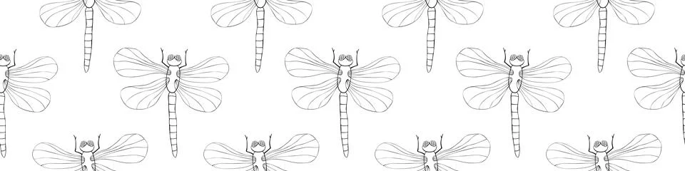 Vector seamless pattern of black outline cute dragonflies in Doodle style. Gl Illustrazione stock