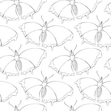 Vector seamless pattern of black outline cute butterflies in Doodle style. Cu Stock Illustration