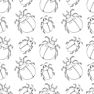 Vector seamless pattern of black outline abstract beetles in Doodle style. Si Ilustração Stock