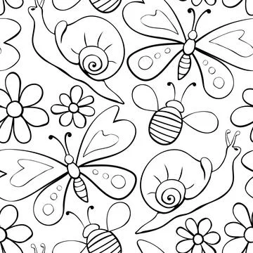 Vector seamless pattern of black outline butterflies, honey bees, snails and  Illustrazione stock