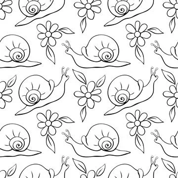 Vector seamless pattern of black outline snails and flowers. Doodle style. Fl Stock Illustration
