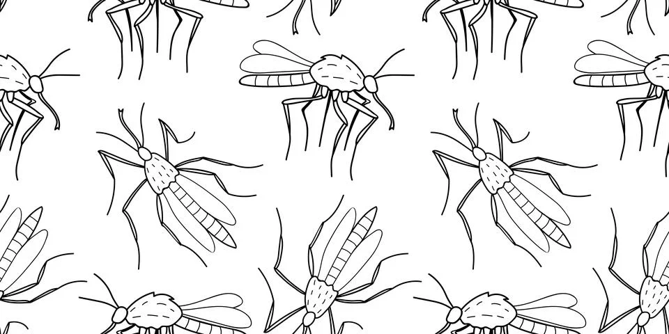 Vector seamless pattern of black outline mosquitos, moths, midges in doodle s Illustrazione stock