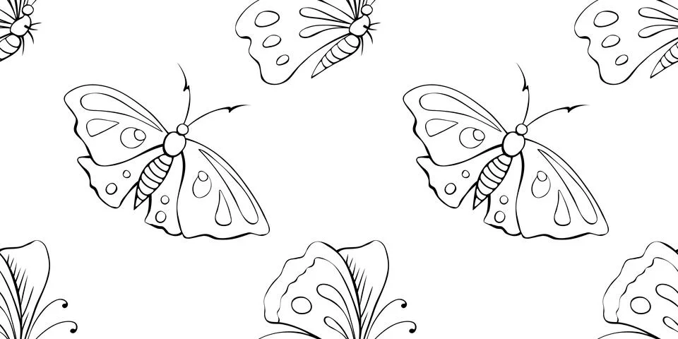 Vector seamless pattern of black outline cute butterflies in Doodle style. Cu Illustrazione stock