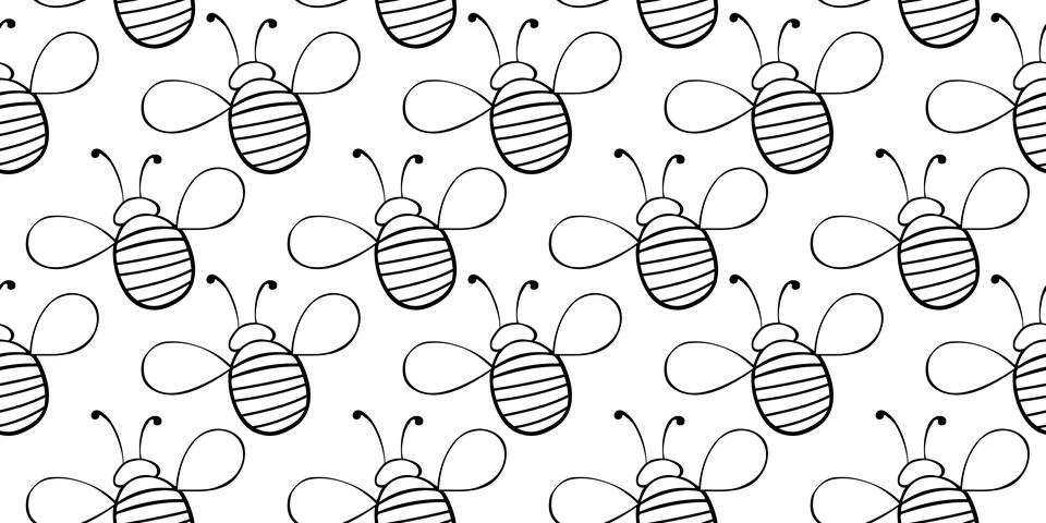 Vector seamless pattern of black outline fat little bees in doodle style. Cut 库存插图