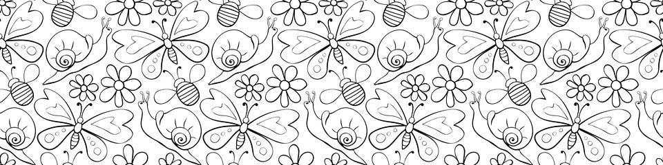 Vector seamless pattern of black outline butterflies, honey bees, snails and  Stock Illustration