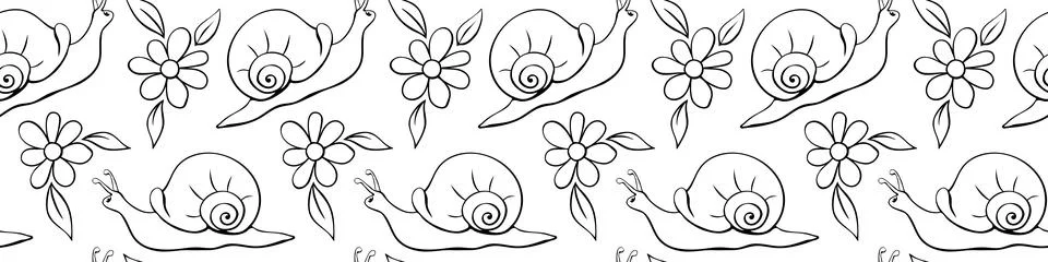 Vector seamless pattern of black outline snails and flowers. Doodle style. Fl Stock Illustration