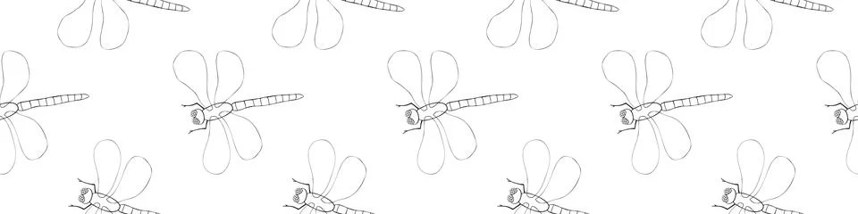 Vector seamless pattern of black outline cute dragonflies in Doodle style. Gl 스톡 일러스트