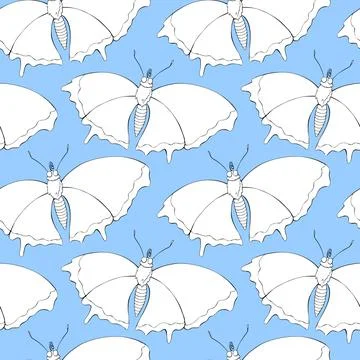 Vector seamless pattern of black outline cute butterflies in Doodle flat styl Illustrazione stock