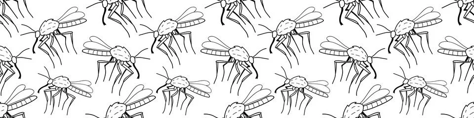 Vector seamless pattern of black outline mosquitos, moths, midges in doodle s 스톡 일러스트