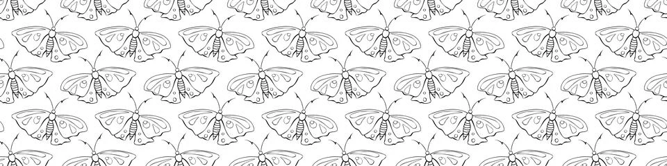 Vector seamless pattern of black outline cute butterflies in Doodle style. Cu Stock Illustration