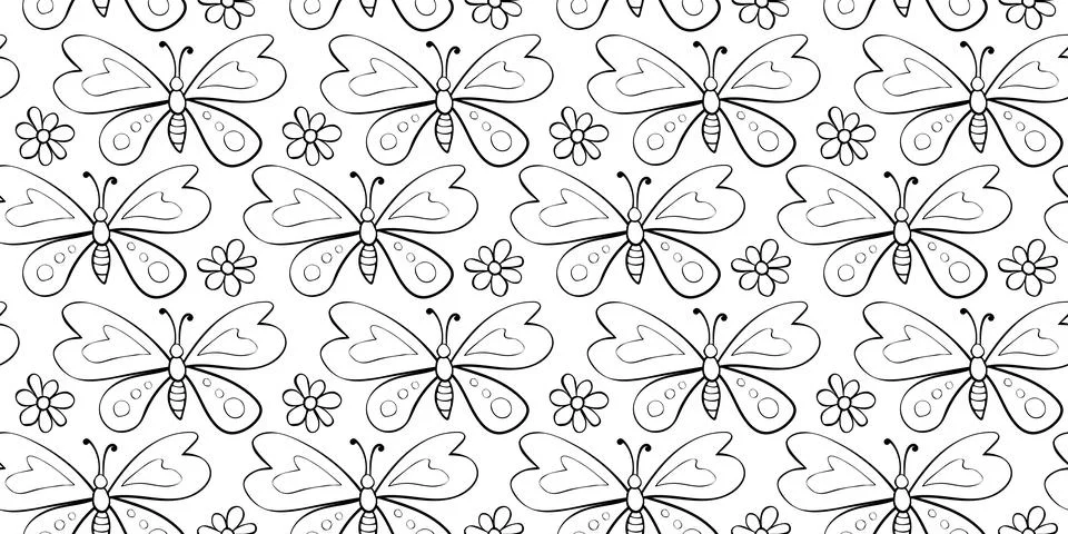 Vector seamless pattern of black outline cute butterflies and flowers in Dood Illustrazione stock