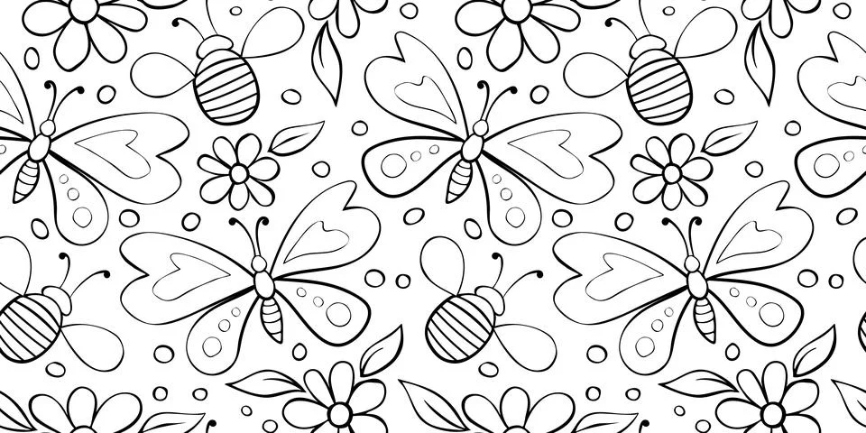 Vector seamless pattern of black outline butterflies, honey bees and flowers. Stock Illustration