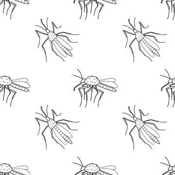 Vector seamless pattern of black outline mosquitos, moths, midges in doodle s 스톡 일러스트