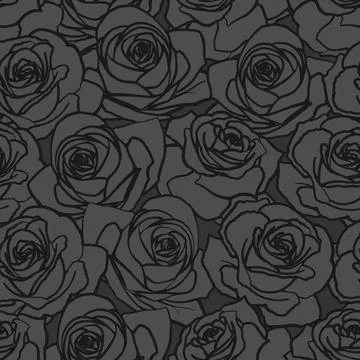 Vector seamless pattern. Black outline rose flowers on dark background Illustrazione stock