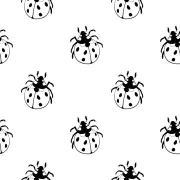 Vector seamless pattern of black outline cute ladybugs in doodle flat style.  Stock Illustration