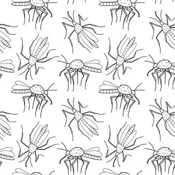 Vector seamless pattern of black outline mosquitos, moths, midges in doodle s Illustrazione stock
