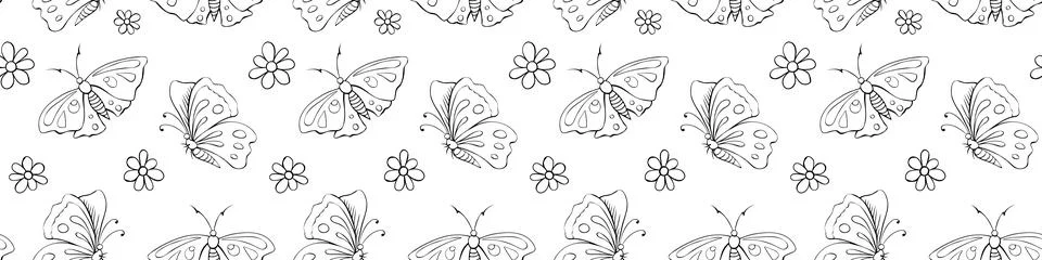 Vector seamless pattern of black outline cute butterflies and flowers in dood Stock Illustration