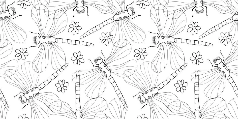 Vector seamless pattern of black outline cute dragonflies and flowers in Do.. Stock Illustration