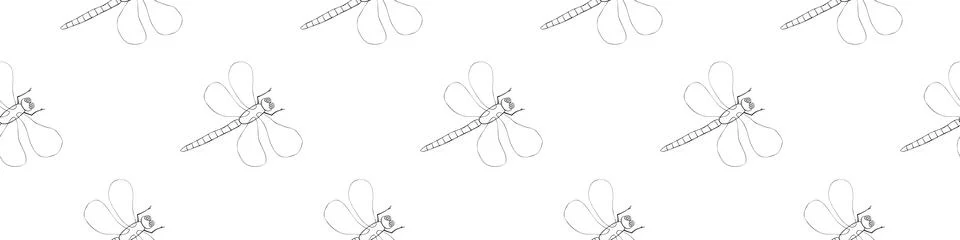 Vector seamless pattern of black outline cute dragonflies in Doodle style. Gl 스톡 일러스트