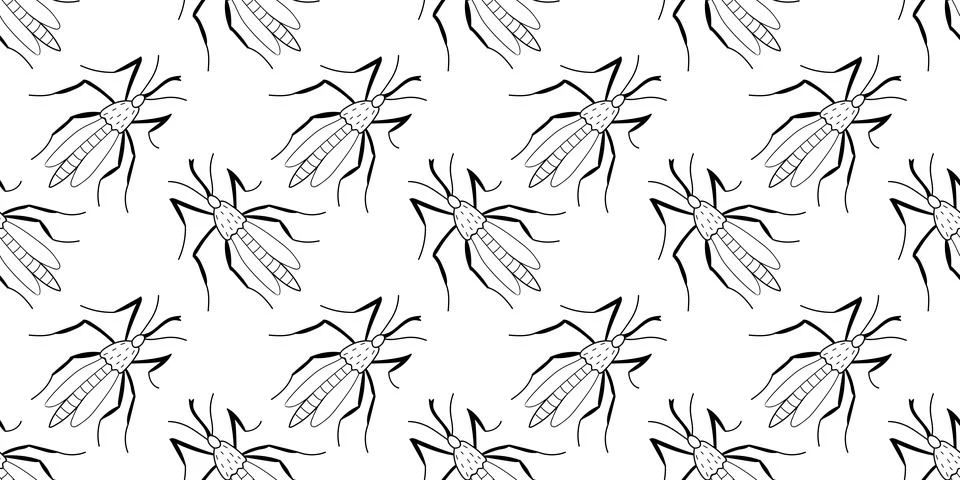 Vector seamless pattern of black outline mosquitos, moths, beetles in doodl.. Illustrazione stock