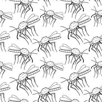 Vector seamless pattern of black outline mosquitos, moths, midges in doodle.. Illustrazione stock