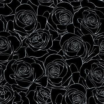 Vector seamless pattern. Black outline rose flowers on dark background Stock Illustration