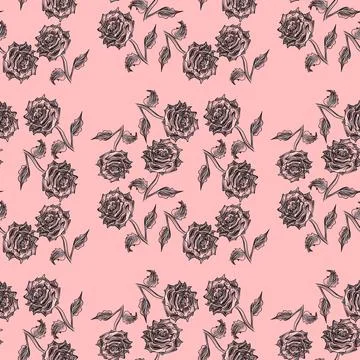 Vector seamless pattern with black roses on pink background Stock Illustration