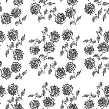 Vector seamless pattern with black roses on white background Stock Illustration