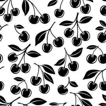 Vector Seamless Pattern with Black Silhouette Cutout Cherry. Single, Pair of Stock Illustration