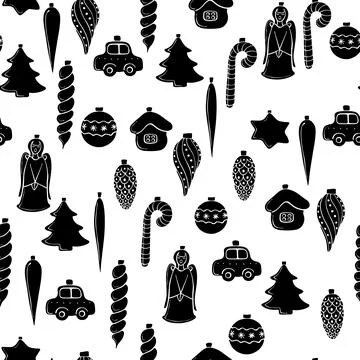 Vector seamless pattern with black silhouettes glass toys, decorations for xm Stock Illustration