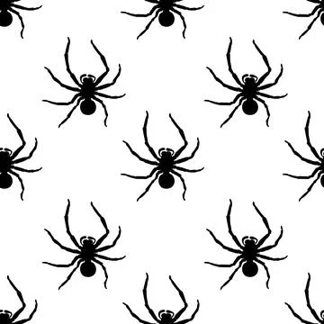 Vector seamless pattern of black silhouettes spiders in flat style. Color bac Stock Illustration