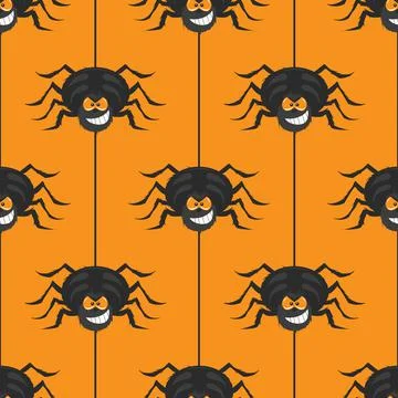 Vector Seamless Pattern with Black Spiders Hanging on a Web on Orange Background Stock Illustration