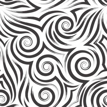 Vector seamless pattern of black spirals of lines and angles. Linear texture of 스톡 일러스트