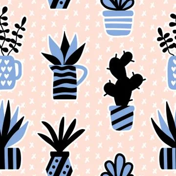 Vector seamless pattern with black succulents and houseplants in vase Stock Illustration