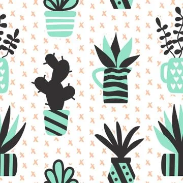 Vector seamless pattern with black succulents and houseplants in vase Stock Illustration