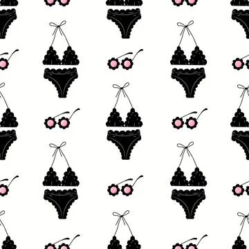 Vector seamless pattern with black swimsuit and black sunglasses on white Stock Illustration