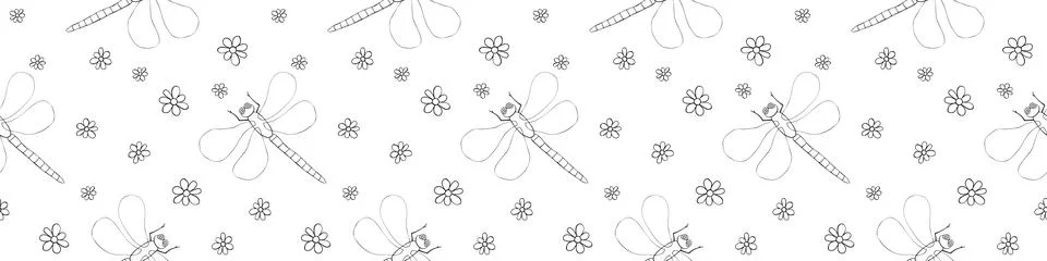 Vector seamless pattern of black thin outline cute dragonflies, flowers in do Illustrazione stock