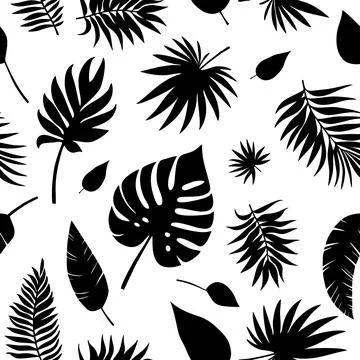 Vector seamless pattern with black tropical leaves on white background. Cute Stock-Illustration