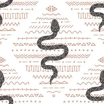 Vector seamless pattern with black wild snake, asp on ethnic ornament, decor Stock Illustration