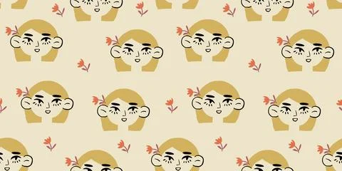 Vector seamless pattern with blond girls faces and flower in head on beige Stock Illustration