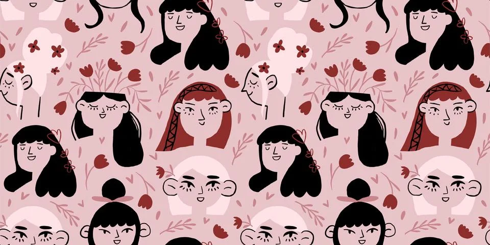 Vector seamless pattern with blond girls faces and flower in head on beige Stock Illustration