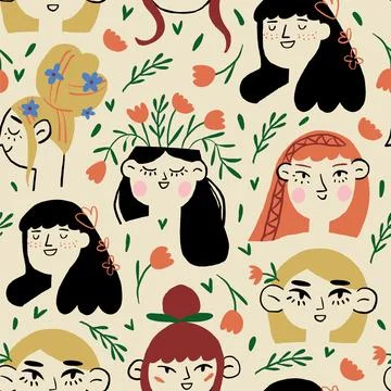 Vector seamless pattern with blond girls faces and flower in head on beige Stock Illustration