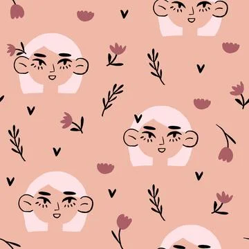 Vector seamless pattern with blond hair girl portraits. Red hair women. Spring Stock Illustration