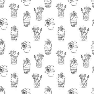 Vector seamless pattern with  blooming  cactuses in pots. Stock Illustration