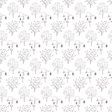 Vector seamless pattern with blooming elements, purple, yellow flowers on a w Illustrazione stock