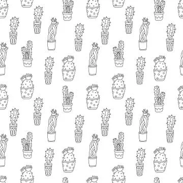 Vector seamless pattern with blooming succulent cactuses in pots. Stock Illustration