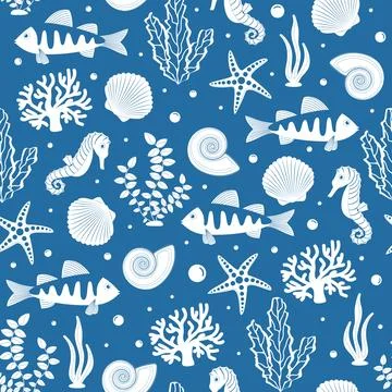 Vector seamless pattern on a blue background. Underwater world in cartoon sty イラスト素材